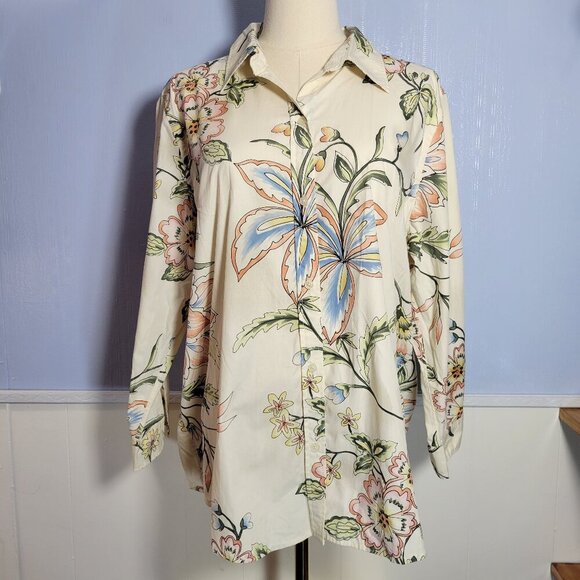 Lauren Ralph Lauren Extra Large Light Cream Floral 3/4 Sleeve Button Up Blouse - Picture 1 of 9